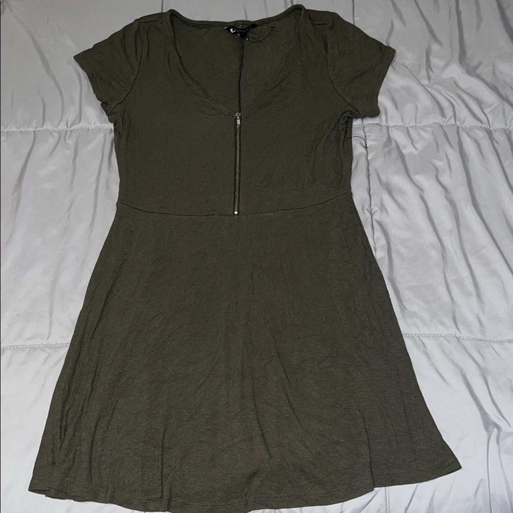 Express Olive Green Short Sleeve Dress with Zipper